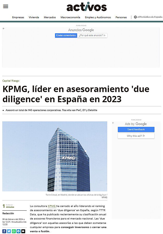 KPMG, lder en asesoramiento 'due diligence' en Espaa en 2023